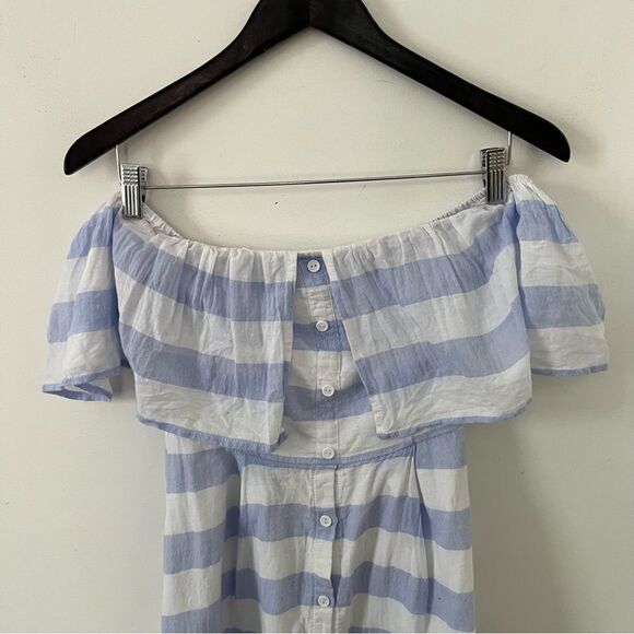 Lulu’s Blue Ivory “Transatlantic Voyage” Off The Shoulder Striped Mini Dress - Picture 15 of 15